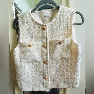 Korean chic elegant style tweed vest with 2 pockets and chic buttons. Cream
